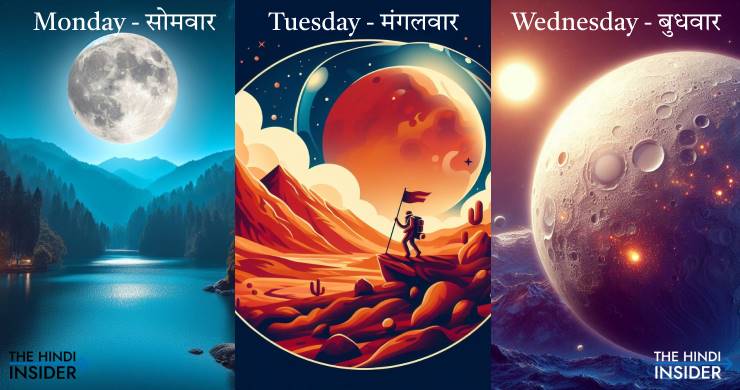 Name of 7 Days of Week in Hindi and English with Images of planets Monday - Tuesday - Wednesday