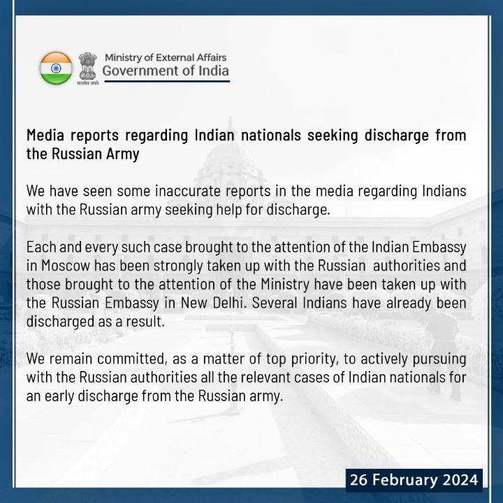 Ministry of External Affairs Press Statement on Indian in Russia Army Seeking Help